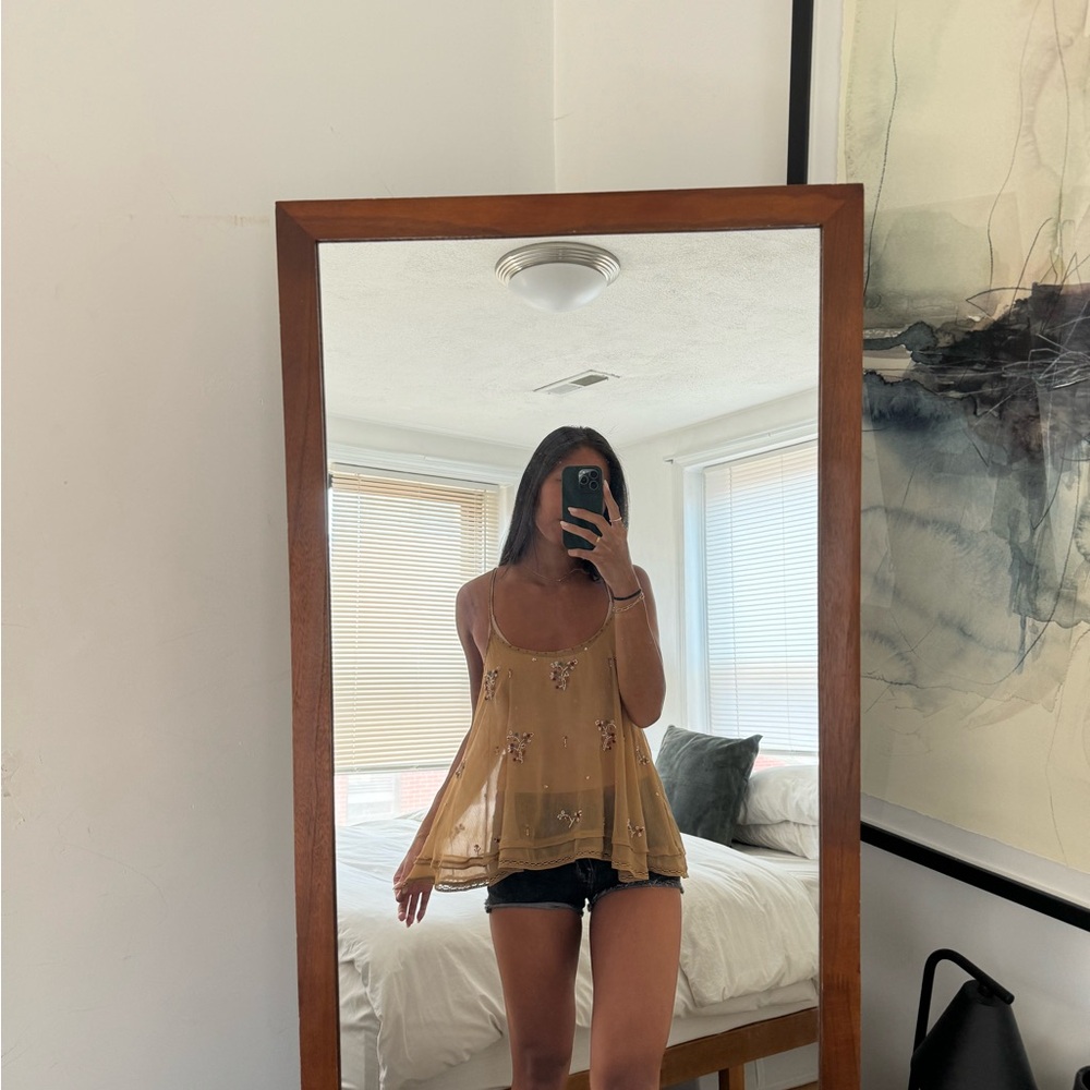 Free People Gold Sheer Top with Beaded Florals